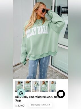 Dilly Dally Sage Embroidered Mock Neck Sweatshirt size S/M